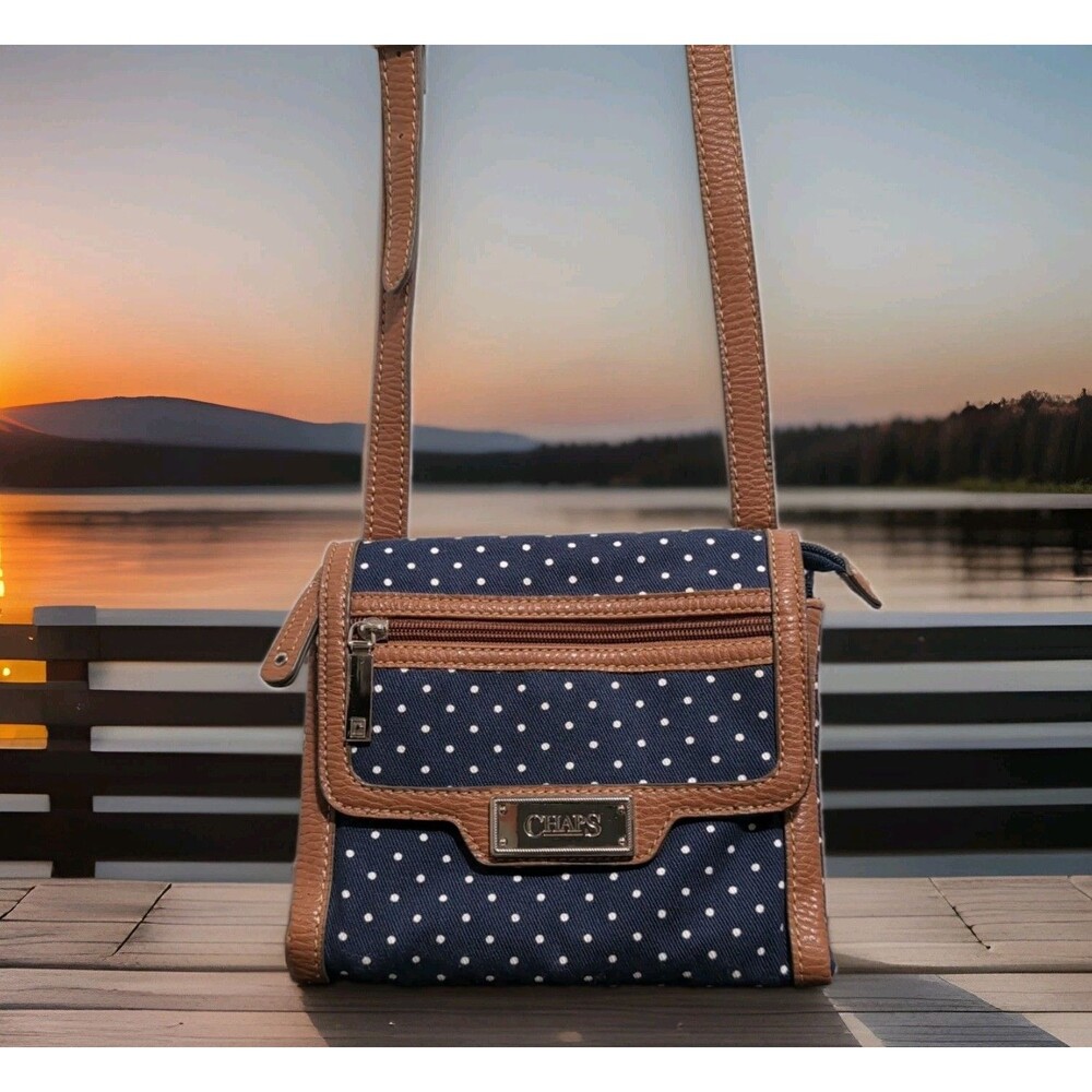 CHAPS POLKA DOT CROSSBODY BAG BLUE WHITE PINK LINING - POCKETS! EUC